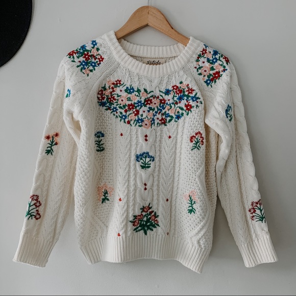 Listicle Sweaters - LISTICLE | Floral Embroidered Cable Knit Sweater S
